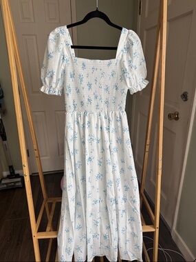 White Maxi Dress with Blue Floral Print